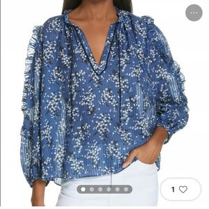 Ulla Johnson Manet Floral Print Cotton & Silk Blouse Navy White Ruffle Blue